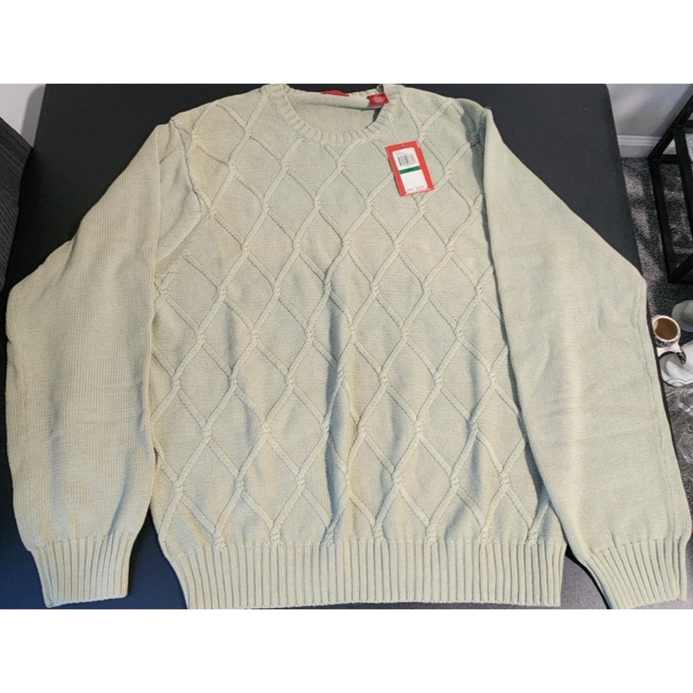 NWT IZOD Mens Sweater Large Tea Green Cotton Diamond Knit Crewneck